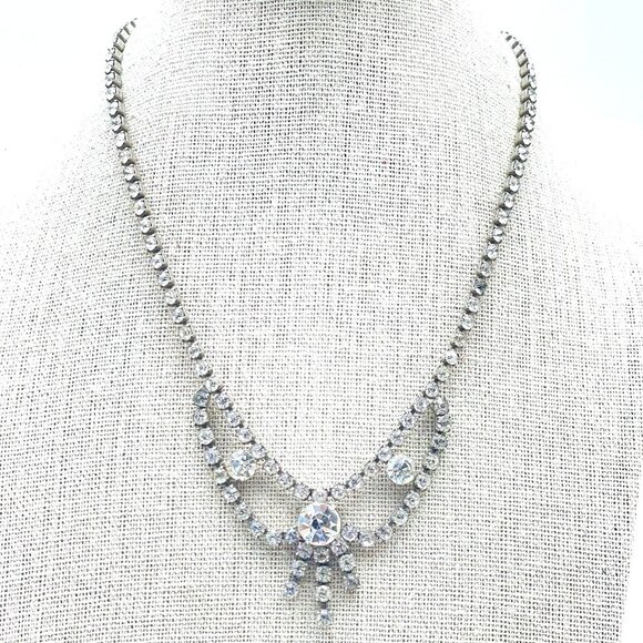 D VERS NY Rhinestone Necklace Graduated Crystal Drop Silver Tone Bridal Evening - Picture 1 of 10